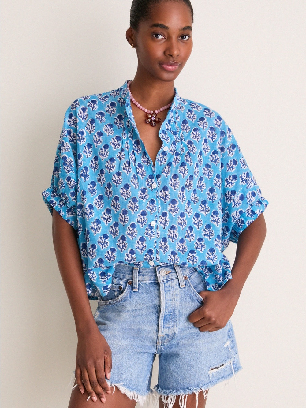 Emerson Fry India Collection Little Marigolds Danube Mandarin Collar Top OS